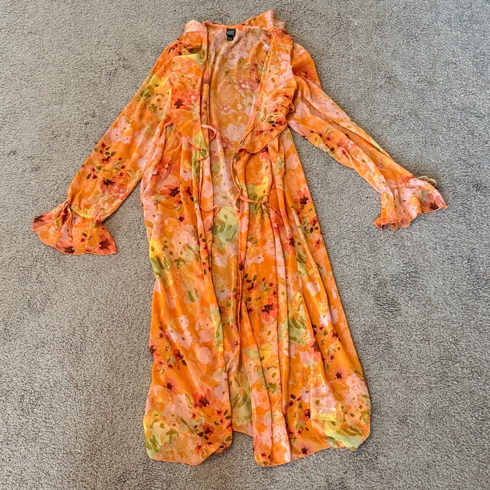 Wild Fable Orange Floral Long Sleeve Duster - Size Large